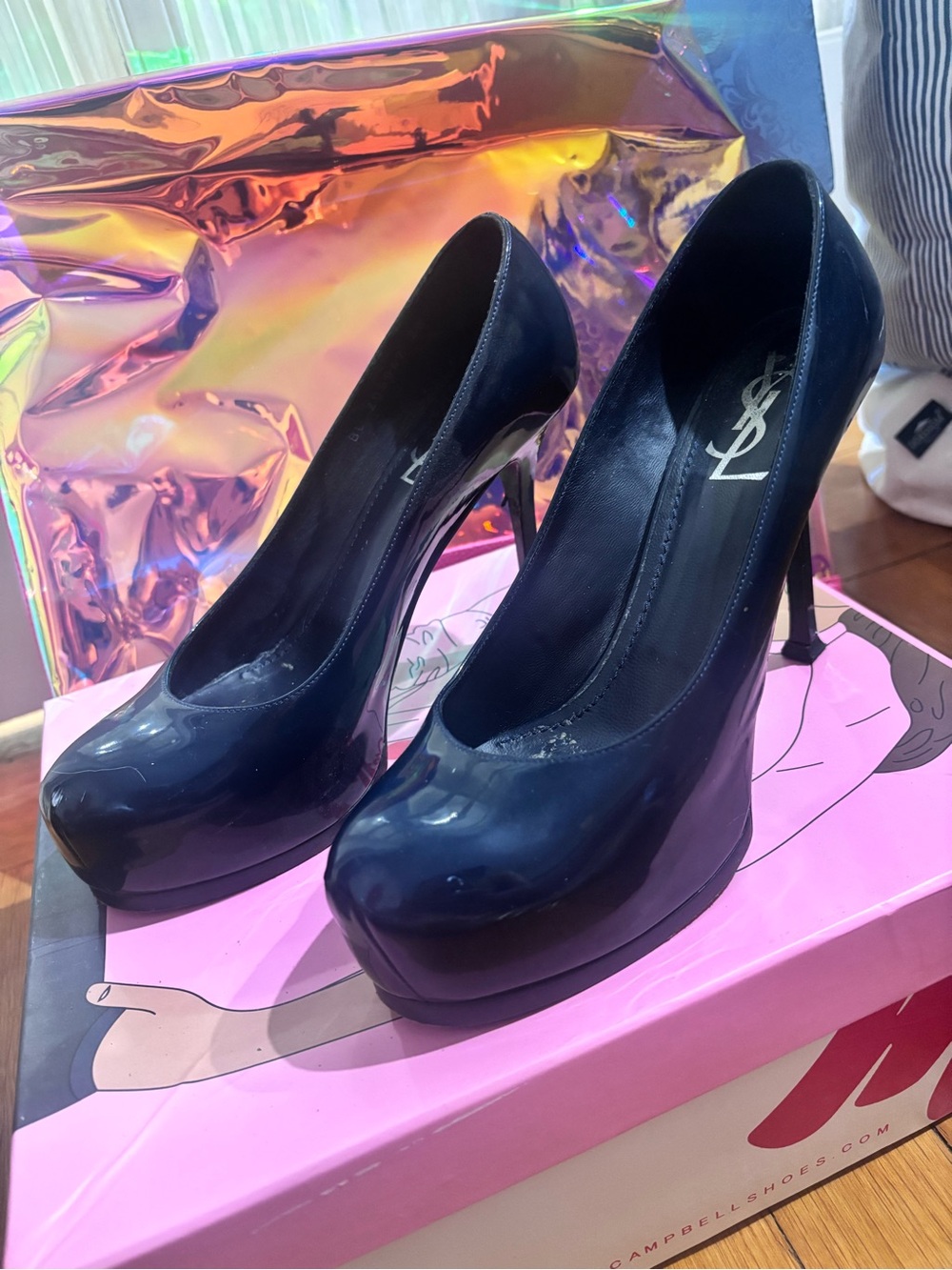 Saint Laurent Navy Patent Platform Pumps with High Stiletto
